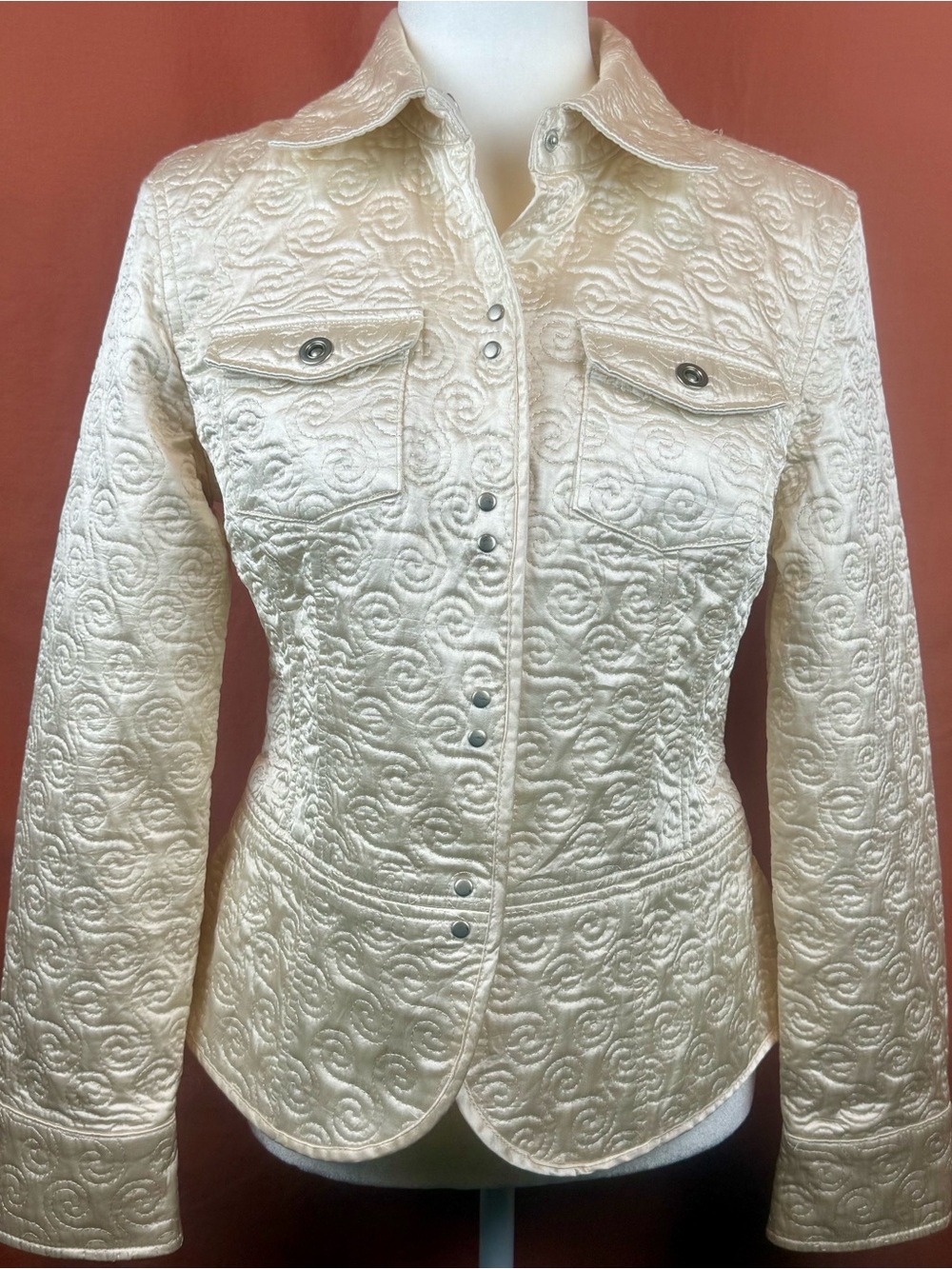 Jolie Cream Satin Quilted Utility Jacket Size Small Shimmery Champagne